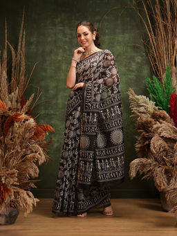 Silk Land - Black Digital Printed Chanderi Saree with Unstitched Blouse