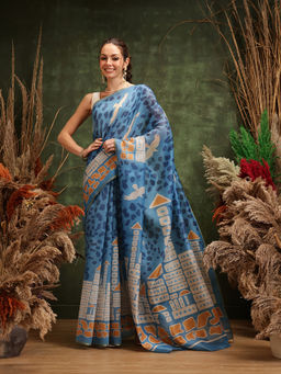 Silk Land - Blue Digital Printed Chanderi Saree with Unstitched Blouse