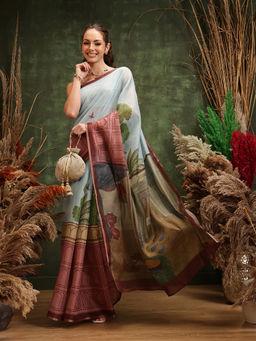 Silk Land - Multi-Color Digital Printed Chanderi Saree with Unstitched Blouse
