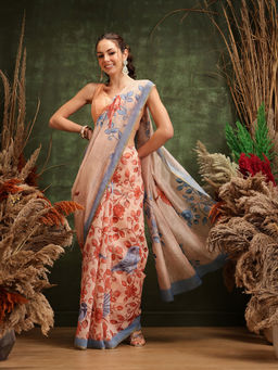Silk Land - Peach Digital Printed Chanderi Saree with Unstitched Blouse