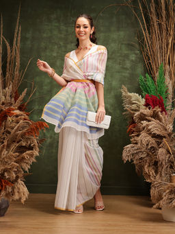 Silk Land - White Digital Printed Chanderi Saree with Unstitched Blouse