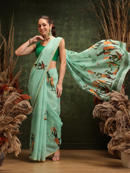 Silk Land - Green Digital Printed Chanderi Saree with Unstitched Blouse