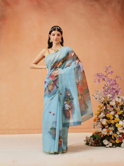 Silk Land - Blue Digital Printed Chanderi Saree with Unstitched Blouse