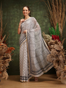 Silk Land - White Digital Printed Chanderi Saree with Unstitched Blouse