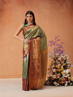 Silk Land - Green Pure Silk Heavy Zari Work Saree with Unstitched Blouse