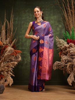 Silk Land - Purple Banarasi Silk Zari Woven Saree with Unstitched Blouse