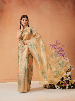 Silk Land - Beige Printed Munga Zari Tissue Silk Saree with Unstitched Blouse