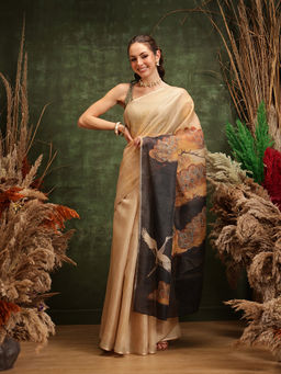 Silk Land - Beige Printed Munga Zari Tissue Silk Saree with Unstitched Blouse