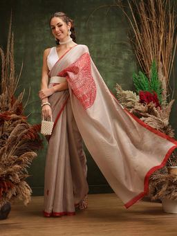Silk Land - Cream Printed Munga Zari Tissue Silk Saree with Unstitched Blouse