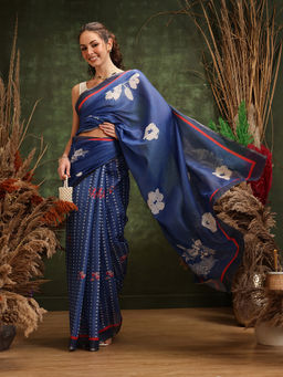 Silk Land - Navy Blue Printed Munga Zari Tissue Silk Saree with Unstitched Blouse