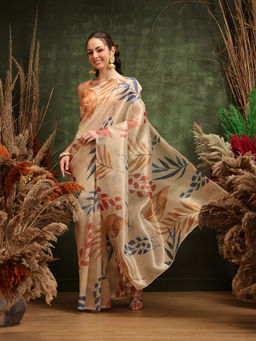 Silk Land - Beige Printed Munga Zari Tissue Silk Saree with Unstitched Blouse