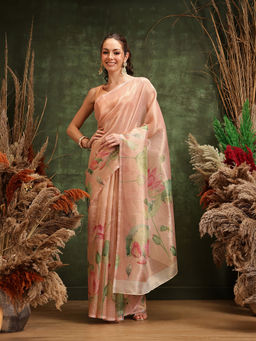 Silk Land - Peach Printed Munga Zari Tissue Silk Saree with Unstitched Blouse