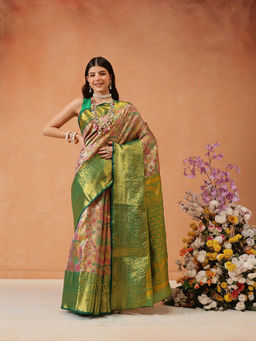 Silk Land - Beige Pure Silk Heavy Zari Work Saree with Unstitched Blouse