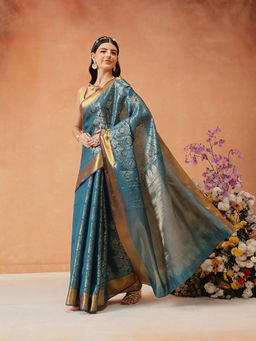 Silk Land - Teal Ikkat Zari Woven with Kanjivaram Saree with Unstitched Blouse