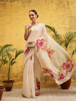 Silk Land - Beige Digital Printed Chanderi Pre Drape Saree with Unstitched Blouse