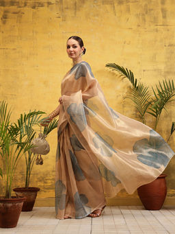 Silk Land - Beige Munga Zari Tissue Pre Drape Saree with Unstitched Blouse