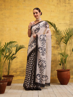 Silk Land - Off White Silk Digital Printed Pre Drape Saree with Unstitched Blouse