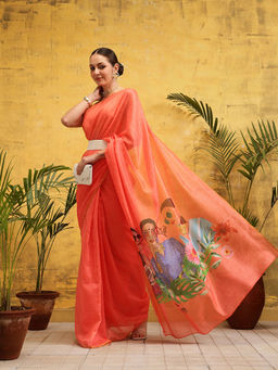 Silk Land - Peach Silk Digital Printed Pre Drape Saree with Unstitched Blouse
