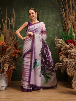 Silk Land - Lavender Cotton Silk Digital Printed Saree with Unstitched Blouse