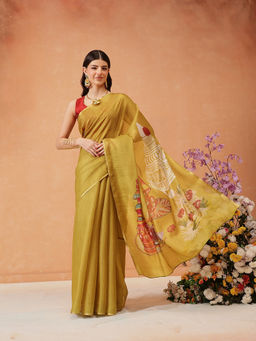 Silk Land - Mustard Cotton Silk Digital Printed Saree with Unstitched Blouse