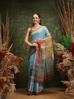 Silk Land - Blue Cotton Silk Digital Printed Saree with Unstitched Blouse