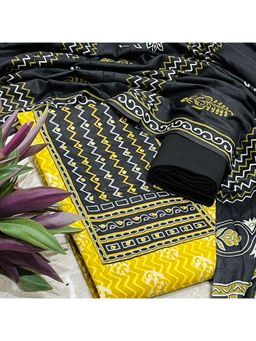 SALWAR STUDIO - Mustard and Black Cotton Printed Unstitched Kurta Set with Dupatta