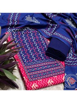 SALWAR STUDIO - Pink and Blue Cotton Printed Unstitched Kurta Set with Dupatta
