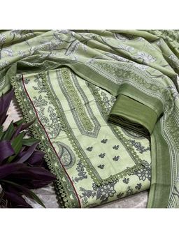 SALWAR STUDIO - Green and Grey Printed Unstitched Kurta Set with Dupatta