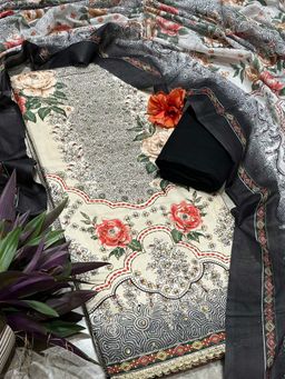 SALWAR STUDIO - Black and Beige Printed Unstitched Kurta Set with Dupatta