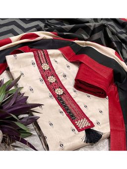 SALWAR STUDIO - Multi-Color Cotton Printed Embroidered Unstitched Kurta Set with Dupatta
