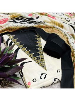 SALWAR STUDIO - Cream and Black Cotton Printed Unstitched Kurta Set with Dupatta