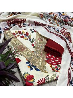 SALWAR STUDIO - Cream and Red Embellished Lace Unstitched Kurta Set with Dupatta