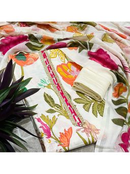 SALWAR STUDIO - Cream and Pink Floral Printed Unstitched Kurta Set with Dupatta
