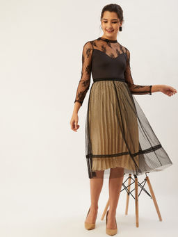ANVI Be Yourself - Women Black & Beige Self-design A-line Midi Skirt