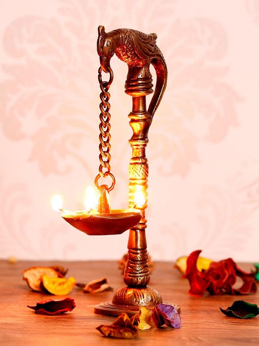 eCraftIndia Decorative Handcrafted Brass Parrot Showpiece Diya for 5 wicks with Stand