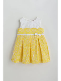 One Friday - Girls Yellow Fit and Flare Sleeveless Embroidered Dress