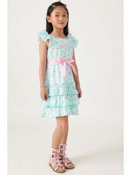 One Friday - Girls Blue Khajoor Print Dress & Belt (Set of 2)