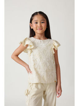 One Friday - Beige Sand Regular Fit Cap Sleeve Embroidered Top