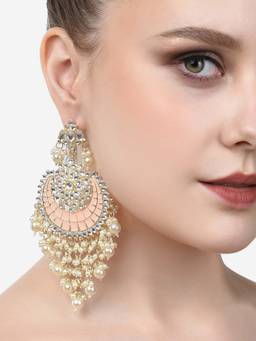 Zaveri Pearls - Meenakari Crescent Kundan Cluster Pearls Dangle Earring-ZPFK14624