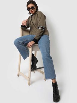 Campus Sutra - Women Olive Green Sweatshirt With Hoodie