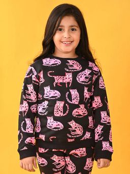 Hopscotch - Girls Black Cotton Blend Round Neck Sweatshirt