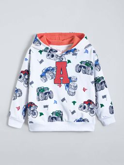 Hopscotch - Boys White Cotton Blend Hooded Hoodie