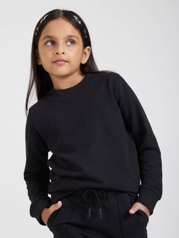 Hopscotch - Girls Black Cotton Round Neck Sweatshirt