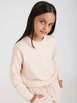 Hopscotch - Girls Beige Cotton Round Neck Sweatshirt