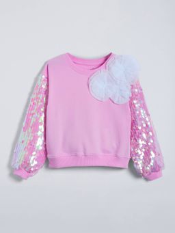 Hopscotch - Girls Pink Cotton Round Neck Sweatshirt