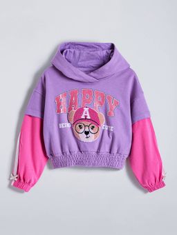 Hopscotch - Girls Purple Cotton Round Neck Hoodie