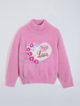 Hopscotch - Girls Pink Polyester High Neck Sweater