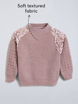 Hopscotch - Girls Brown Blended Round Neck Sweater