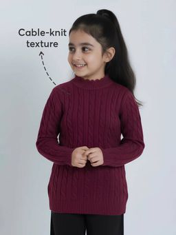 Hopscotch - Girls Maroon Viscose Blend High Neck Sweater