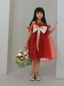 Pink Blue India - Girls Red Organza Shoulder Straps Dress